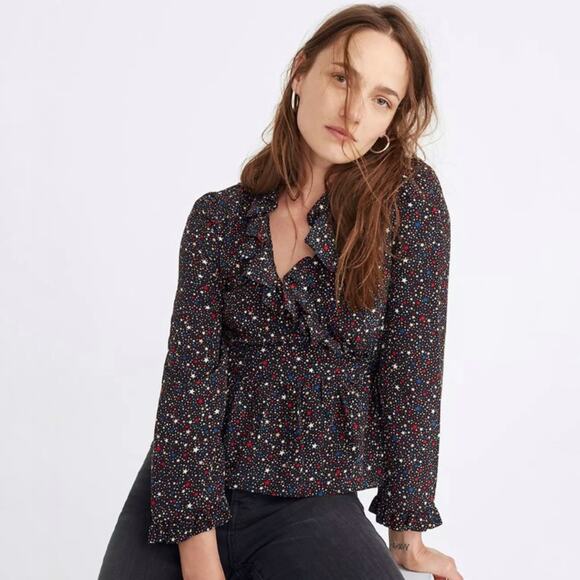 Madewell Silk Ruffle-Hem Wrap Top in Starry Night size Small - Picture 12 of 13